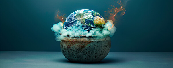 Poster - On a simple, minimalist background, a pot is shown boiling with the earth melting inside, presenting an unreal and striking image of global boiling. The surreal composition is designed to draw