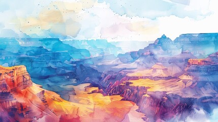Poster - A painting of a mountain range with a blue sky in the background. The mountains are in the distance and the sky is filled with clouds. The painting has a serene and peaceful mood, with the mountains