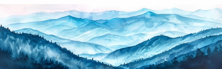 Poster - A painting of a mountain range with blue skies and trees. The painting conveys a sense of peace and tranquility, as the viewer is taken on a journey through the mountains