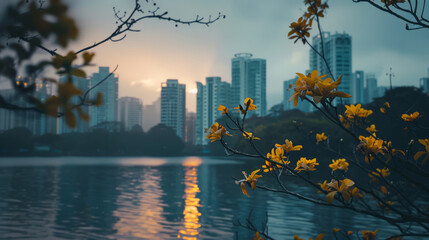 Wall Mural - Sunset over city skyline with golden flowers and lake view