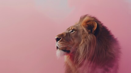 Wall Mural - An atmospheric photo featuring the strength and grace of a lion against a soft pink background, with its piercing eyes and noble stance making it a stunning subject for a 4K wallpaper.