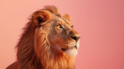Wall Mural - A captivating shot showcasing the strength and grace of a lion against a subtle pink backdrop, with its regal presence and striking features creating a mesmerizing scene in stunning 4K resolution.
