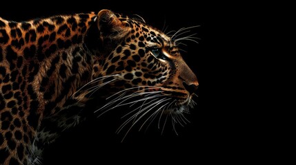Wall Mural - A dynamic image featuring the fierce intensity of a leopard against a rich black background, with its sleek silhouette and piercing eyes creating a dramatic and visually striking 4K wallpaper.