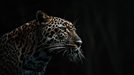 Wall Mural - A dynamic image featuring the fierce intensity of a leopard against a rich black background, with its sleek silhouette and piercing eyes creating a dramatic and visually striking 4K wallpaper. 