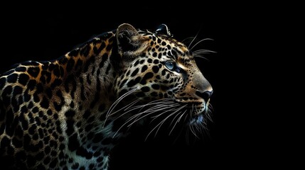 Wall Mural - A dynamic image featuring the fierce intensity of a leopard against a rich black background, with its sleek silhouette and piercing eyes creating a dramatic and visually striking 4K wallpaper. 