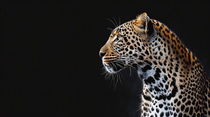 Wall Mural - A captivating image featuring the regal posture of a leopard against a deep black background, with its sleek form.