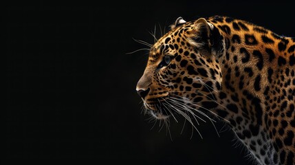 Wall Mural - An atmospheric photo showcasing the captivating presence of a leopard against a rich black background, with its fierce expression and elegant profile making it a stunning choice for a 4K wallpaper. 