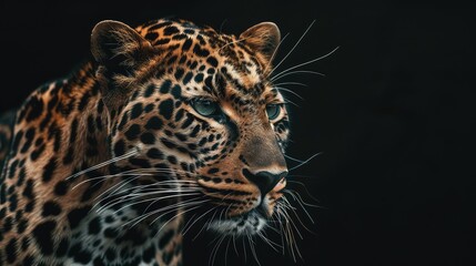 Wall Mural - A dynamic shot capturing the intense beauty of a leopard against a sleek black background, with its striking markings and piercing eyes adding to the allure of this majestic creature in mesmerizing.