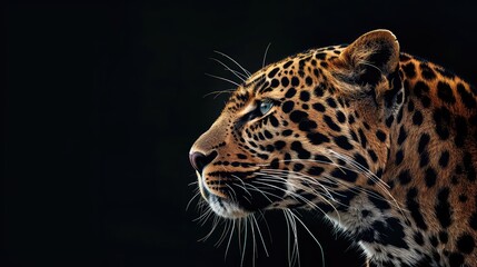 Wall Mural - A captivating shot showcasing the majesty of a leopard against a rich black background, with its sleek form and intense stare adding depth and intrigue to this stunning 4K wallpaper.