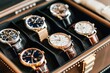 © Prompt2image - Multiple watches neatly organized in a leather case, showcasing a variety of styles and designs