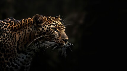 Wall Mural - A dynamic image featuring the powerful presence of a leopard against a sleek black background, with its intense gaze and sleek silhouette making it a captivating subject for a 4K wallpaper.