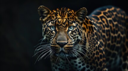 Wall Mural - An inspiring image showcasing the mesmerizing pattern and piercing eyes of a leopard against a deep black backdrop, creating a captivating visual experience for a 4K wallpaper.