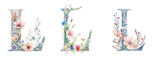 Wall Mural - Ai Generated Art Watercolor Set of Multiple Different Pastel Capital L Letters With the Wild Flowers On a White Background