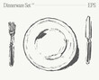 Dinnerware set. Top view of plate, fork and knife on the table. Hand drawn vector illustration