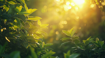 Wall Mural - Golden sunlight filters through fresh green leaves