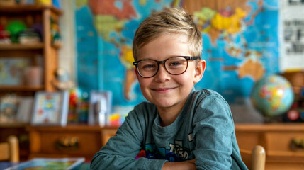 A smiling boy sits in a room against the backdrop of a world map and globe. Elementary school student. The process of learning and education. Studying Geography