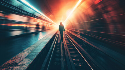 Wall Mural - Silhouetted person standing in a glowing subway station