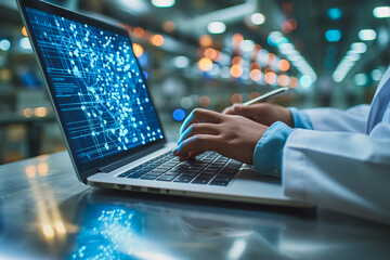 Poster - A person is typing on a laptop with a blue screen