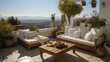 Terrasse, balcon, d'un maison d'architecture moderne, villa de luxe avec vue sur un paysage Méditerranéen. Arrière-plan pour conception et création graphique.