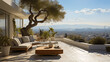 Terrasse, balcon, d'un maison d'architecture moderne, villa de luxe avec vue sur un paysage Méditerranéen. Arrière-plan pour conception et création graphique.