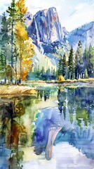 Poster - A painting of a mountain range with a lake in the foreground. The trees are green and the water is blue. The mood of the painting is peaceful and serene