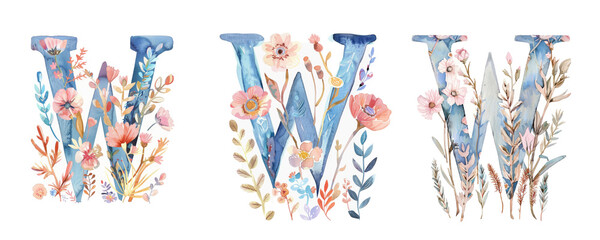 Wall Mural - Ai Generated Art Watercolor Set of Multiple Different Pastel Capital W Letters With the Wild Flowers On a White Background