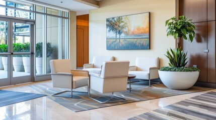 Poster - A white room with a painting of a tree on the wall and a potted plant in the corner