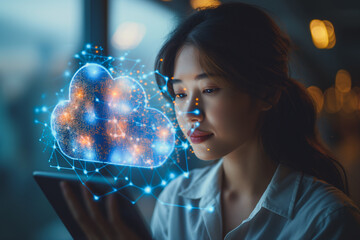 Poster - a woman is looking at a tablet with a cloud on it