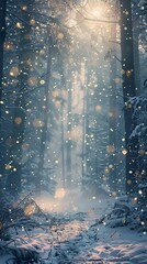 Poster - A winter forest covered in snow, illuminated by numerous bright lights. The trees are blanketed in white, creating a magical scene filled with festive cheer.
