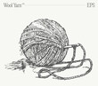 A ball of wool yarn with a needle in it. Hand drawn vector illustration, sketch.