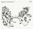 Japanese traditional architecture and bridge over a river. Hand drawn vector illustration, sketch.