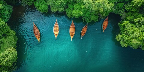 Canvas Print - Boats floating on calm sea near green forest