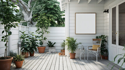 white frame on a wall in a veranda or garden, green concept sustainable house display frame, green plant house decoration