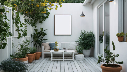 white frame on a wall in a veranda or garden, green concept sustainable house display frame, green plant house decoration