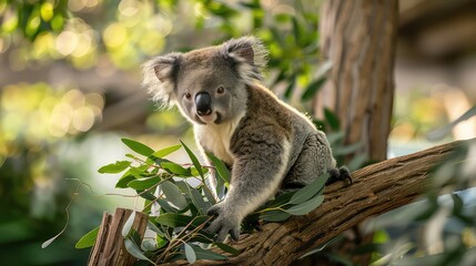 Wall Mural - A dynamic shot capturing the essence of wildlife as a koala bear sits on a tree branch, leisurely munching on leaves, offering a delightful scene for a high-resolution wallpaper.