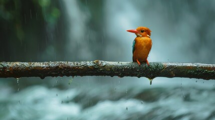Aufkleber - A bird, identified as a Madagascar Pygmy King, sits on a branch during a rain shower. The bird is small and feathered, with distinct markings.