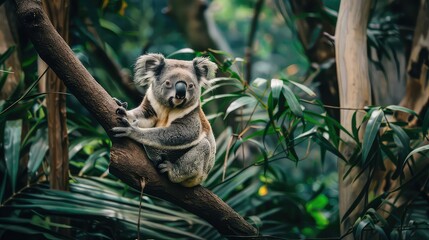 Wall Mural - An inspiring shot capturing the charm of a koala bear as it sits on a branch, contentedly munching on leaves against the backdrop of lush foliage, making it an ideal choice for a stunning wallpaper.