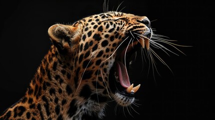Wall Mural - A captivating stock photo highlighting the intricate details of a leopard's mouth in extreme close-up, against a solid black background.