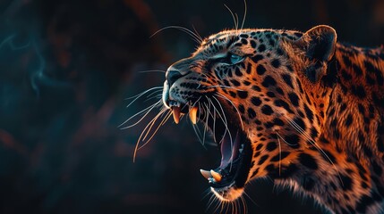 Wall Mural - An atmospheric shot featuring the sleek lines and powerful features of a leopard's mouth, set against a dark backdrop, creating a stunning visual for a 4K wallpaper.