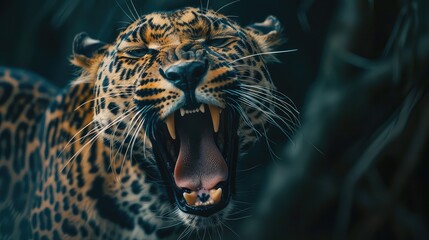 Wall Mural - An inspiring shot capturing the beauty and intensity of a leopard's mouth in extreme close-up, against a dark and dramatic background, ideal for a high-resolution 4K wallpaper. 