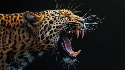 Wall Mural - A dynamic photo capturing the intensity of a leopard's mouth in extreme close-up, with the contrast of black background enhancing the drama for a captivating 4K wallpaper.