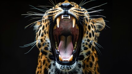 Wall Mural - A dynamic close-up photo of a leopard's mouth, displaying its sharp teeth and powerful jaws, against a solid black background, creating a dramatic effect for a 4K wallpaper.