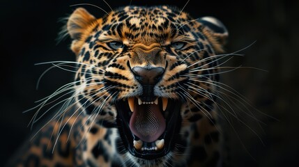 Wall Mural - A dynamic photo capturing the intricate details of a leopard's mouth in sharp focus, contrasting beautifully against a black background, making it an excellent choice for a 4K wallpaper.
