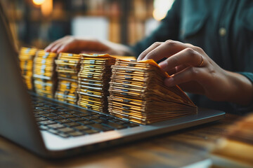 Poster - A person is typing on a laptop with a stack of yellow papers in front of them, cloud storage concept.