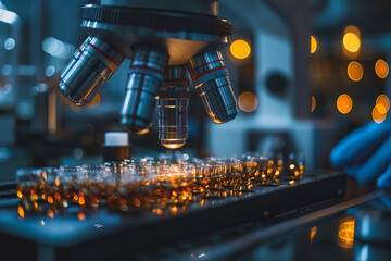 Poster - A microscope is focused on a slide with many small objects