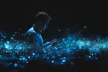 Poster - a man is looking at his cell phone in a blue background