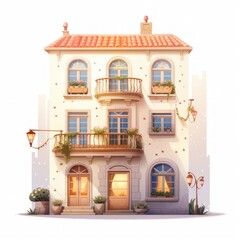 Poster - Generative AI A fairytale abode with a tiny balcony and a white exterior glowing in soft sunlight.