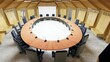 Round conference room table and chairs in a hall with modern interior design
