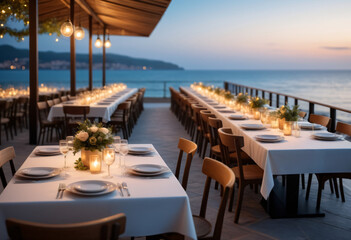 Dining table inside a seaside restaurant