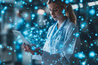 © CreativeIMGIdeas - A woman in a white lab coat is looking at a tablet with a blue background